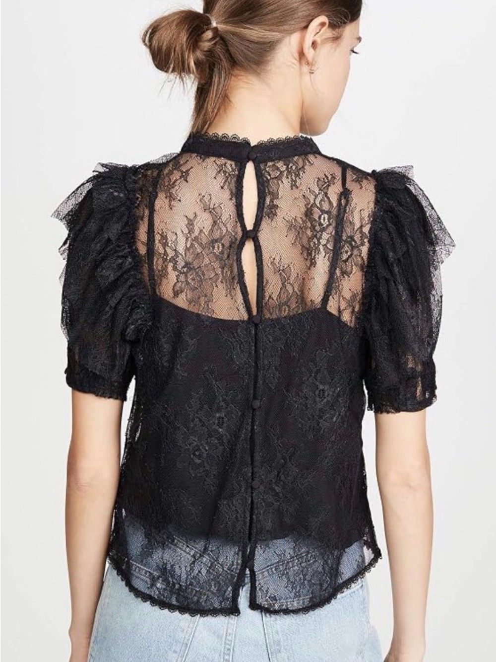 Free People Black Lace Ruffle-Sleeve Sheer Back Blouse